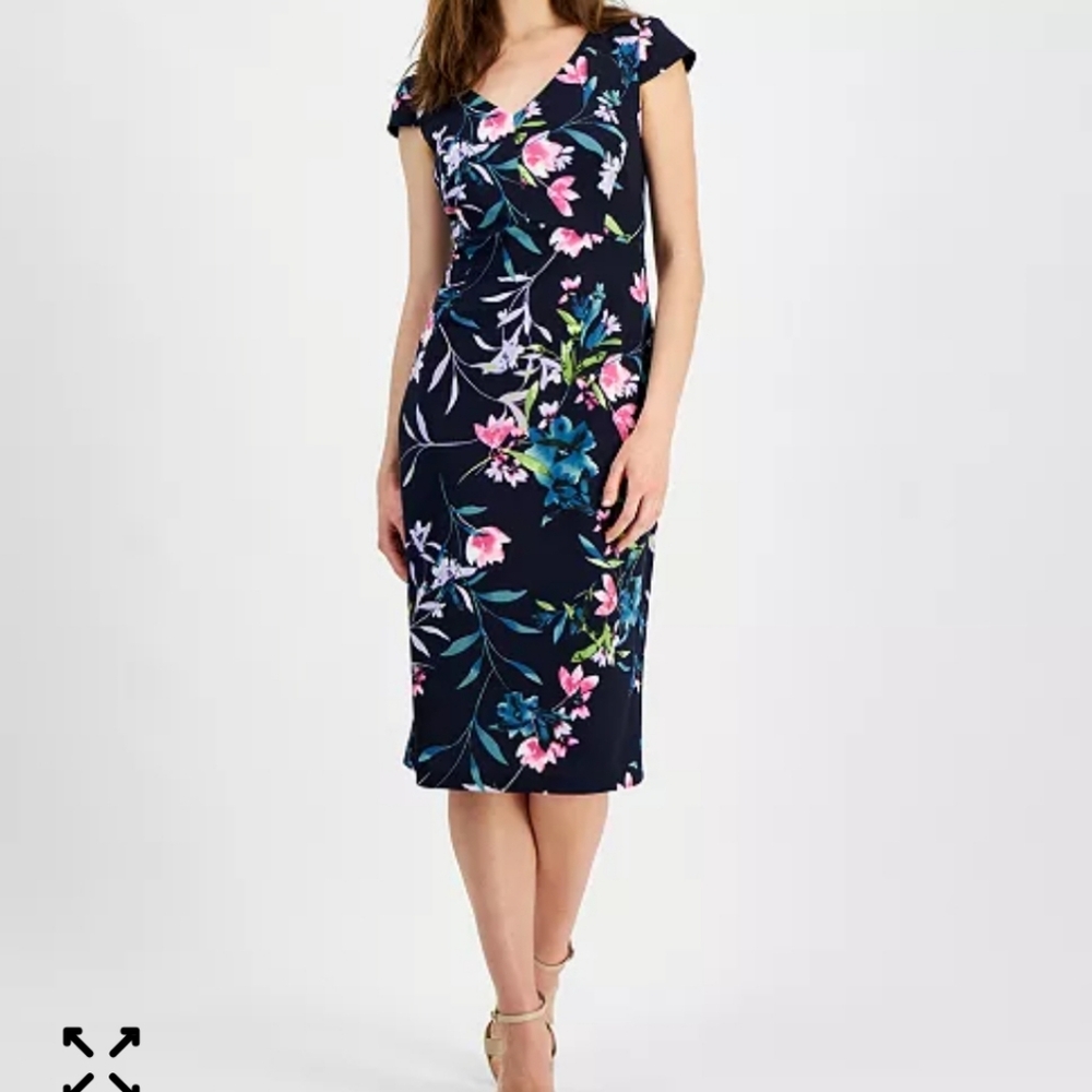 Connected Dress, Size 8, Black Colorful Floral Print, Cap Sleeves, Seaming, NEW